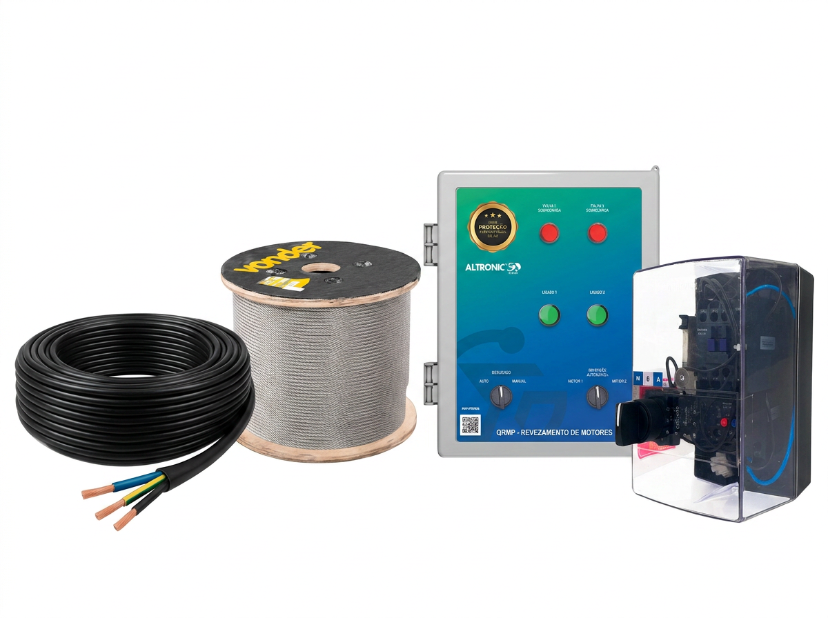 Cabo elétrico, cabo de aço, quadro de comando Altronic e caixa de comando para bomba submersível