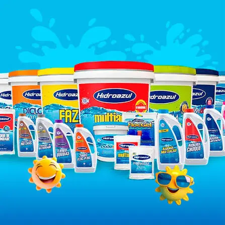 Linha Hidroazul de produtos químicos e limpeza para piscina